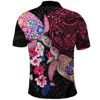 Hawaiian Couple Turtles Honi Polo Shirt Polynesian Art Motifs and Hibiscus Black Red Color LT03 - Polynesian Pride
