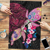 Hawaiian Couple Turtles Honi Puzzle Polynesian Art Motifs and Hibiscus Black Red Color LT03 Black - Polynesian Pride