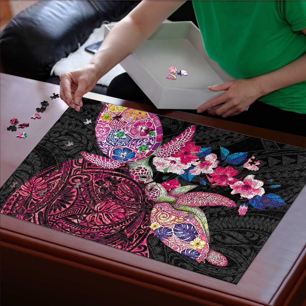 Hawaiian Couple Turtles Honi Puzzle Polynesian Art Motifs and Hibiscus Black Red Color LT03 - Polynesian Pride