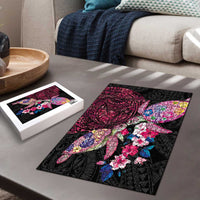 Hawaiian Couple Turtles Honi Puzzle Polynesian Art Motifs and Hibiscus Black Red Color LT03 - Polynesian Pride