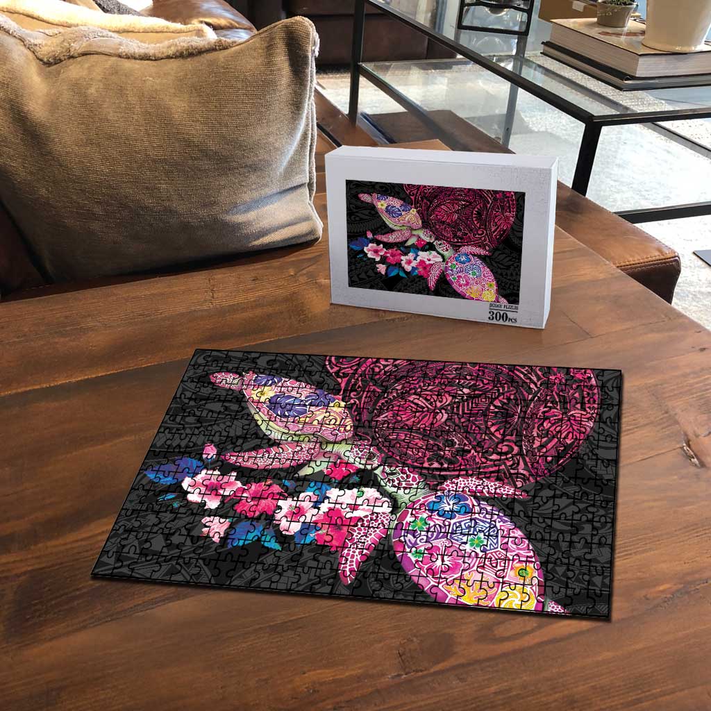 Hawaiian Couple Turtles Honi Puzzle Polynesian Art Motifs and Hibiscus Black Red Color LT03 - Polynesian Pride