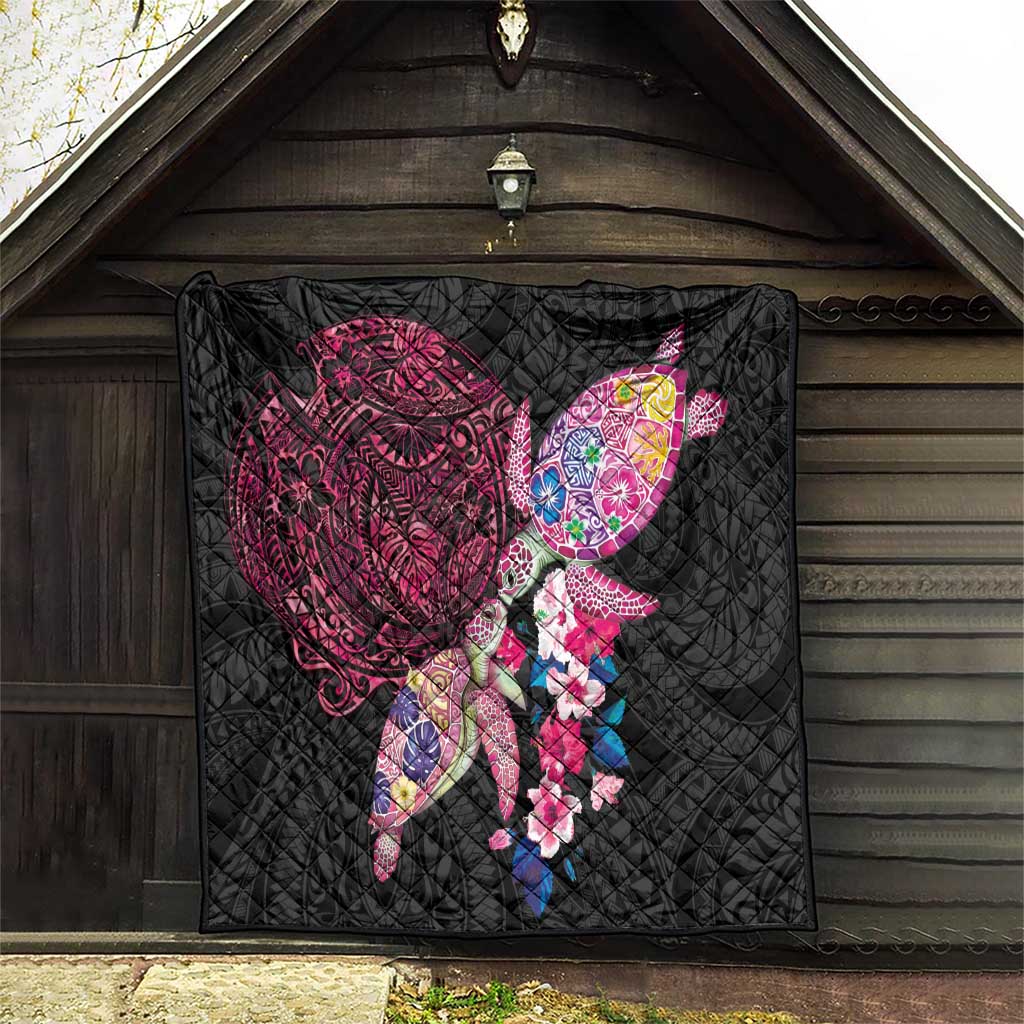 Hawaiian Couple Turtles Honi Quilt Polynesian Art Motifs and Hibiscus Black Red Color LT03 - Polynesian Pride