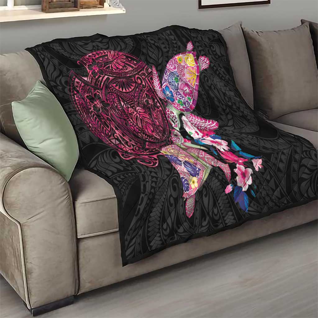 Hawaiian Couple Turtles Honi Quilt Polynesian Art Motifs and Hibiscus Black Red Color LT03 - Polynesian Pride