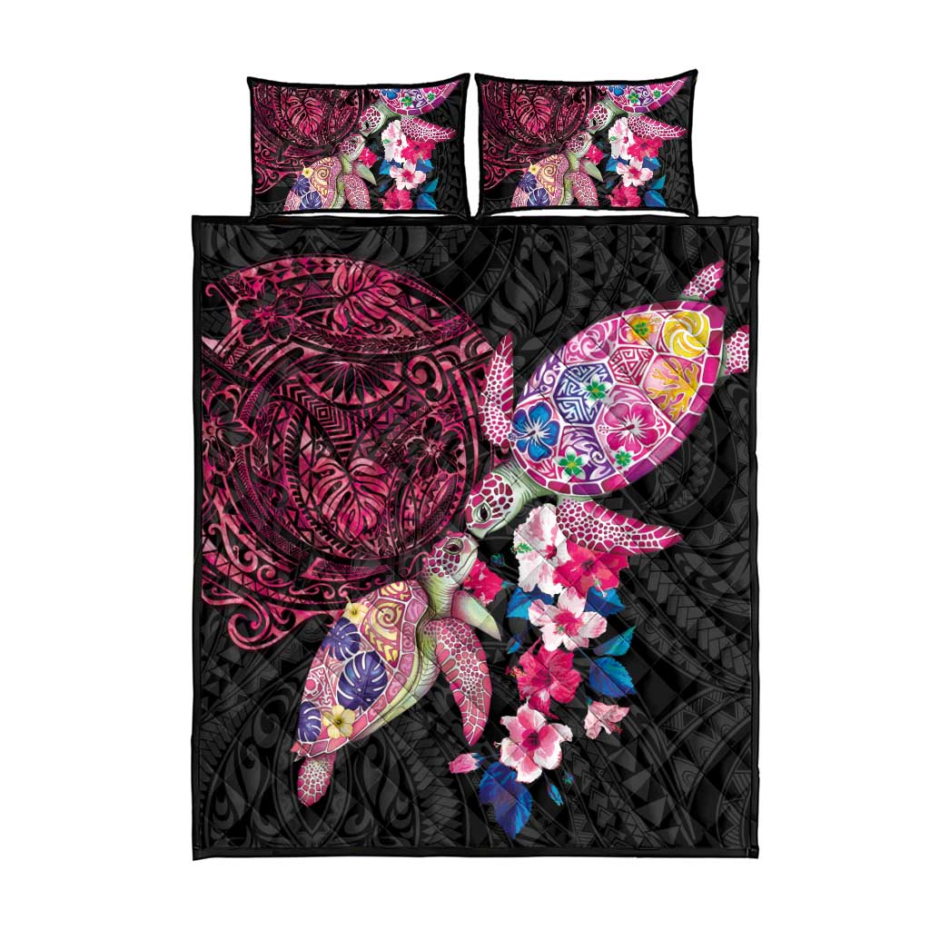 Hawaiian Couple Turtles Honi Quilt Bed Set Polynesian Art Motifs and Hibiscus Black Red Color LT03 - Polynesian Pride