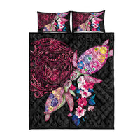 Hawaiian Couple Turtles Honi Quilt Bed Set Polynesian Art Motifs and Hibiscus Black Red Color LT03 - Polynesian Pride