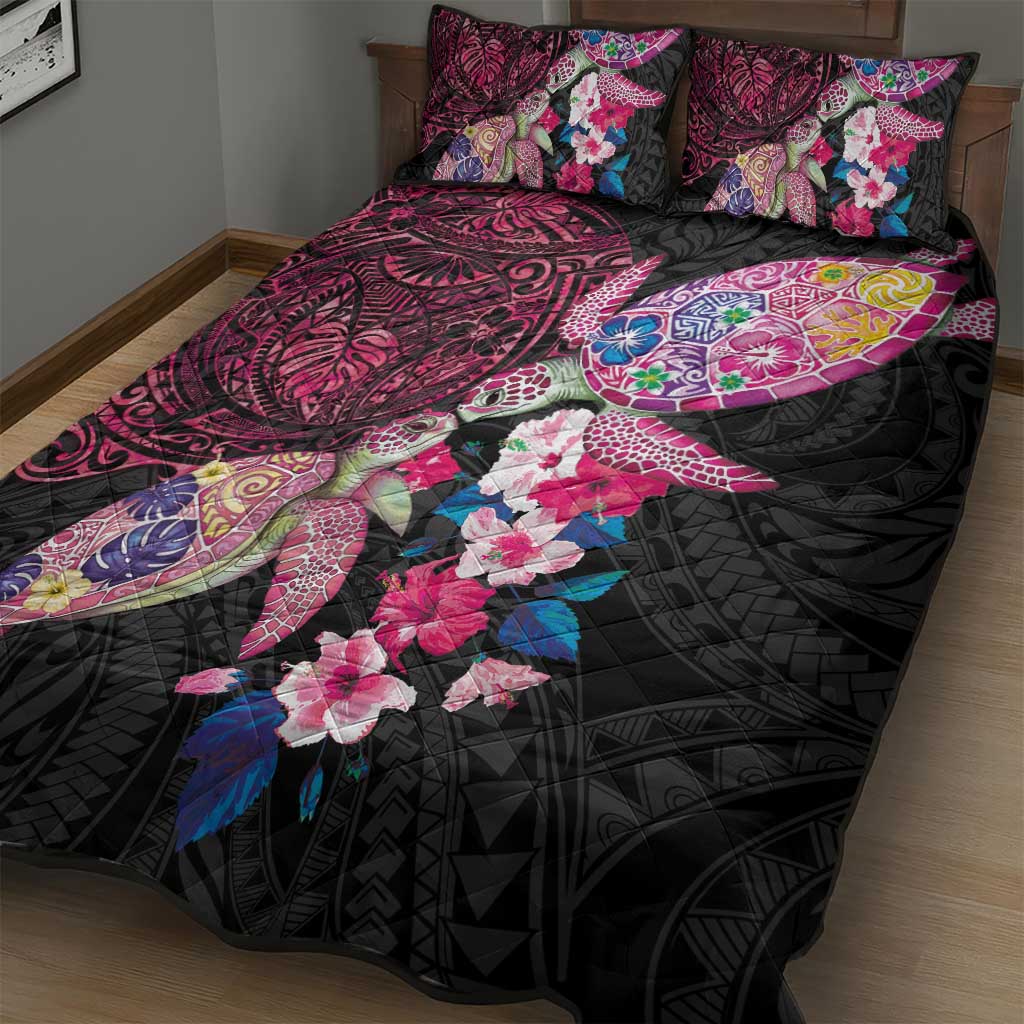Hawaiian Couple Turtles Honi Quilt Bed Set Polynesian Art Motifs and Hibiscus Black Red Color LT03 - Polynesian Pride