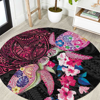 Hawaiian Couple Turtles Honi Round Carpet Polynesian Art Motifs and Hibiscus Black Red Color LT03 Black - Polynesian Pride