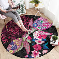 Hawaiian Couple Turtles Honi Round Carpet Polynesian Art Motifs and Hibiscus Black Red Color LT03 - Polynesian Pride