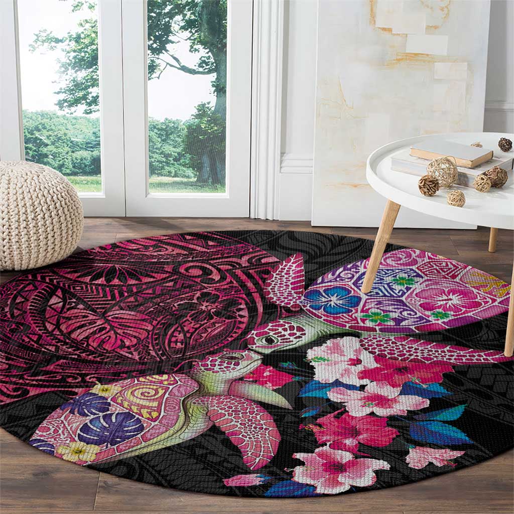 Hawaiian Couple Turtles Honi Round Carpet Polynesian Art Motifs and Hibiscus Black Red Color LT03 - Polynesian Pride