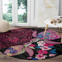 Hawaiian Couple Turtles Honi Round Carpet Polynesian Art Motifs and Hibiscus Black Red Color LT03 - Polynesian Pride