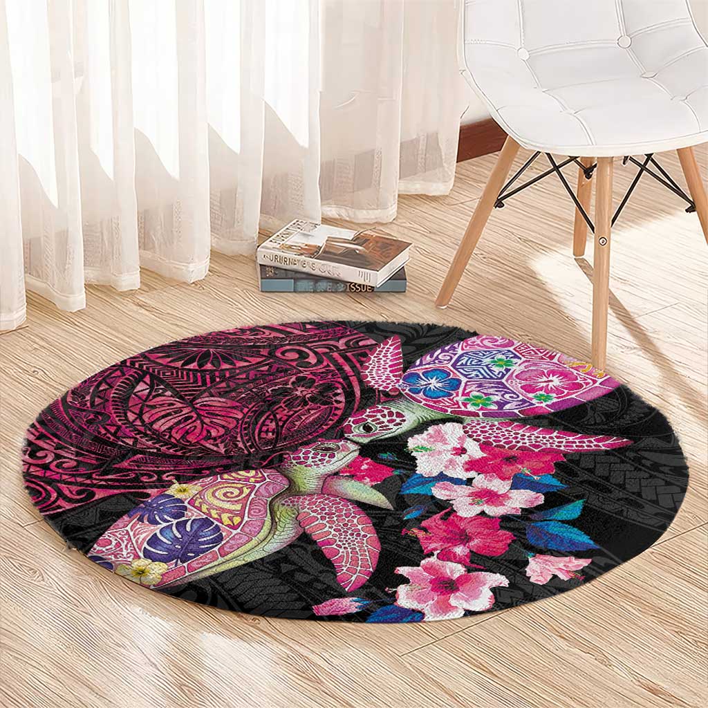Hawaiian Couple Turtles Honi Round Carpet Polynesian Art Motifs and Hibiscus Black Red Color LT03 - Polynesian Pride