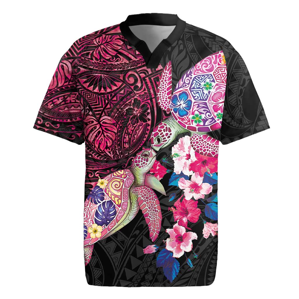 Hawaiian Couple Turtles Honi Rugby Jersey Polynesian Art Motifs and Hibiscus Black Red Color LT03 Black - Polynesian Pride