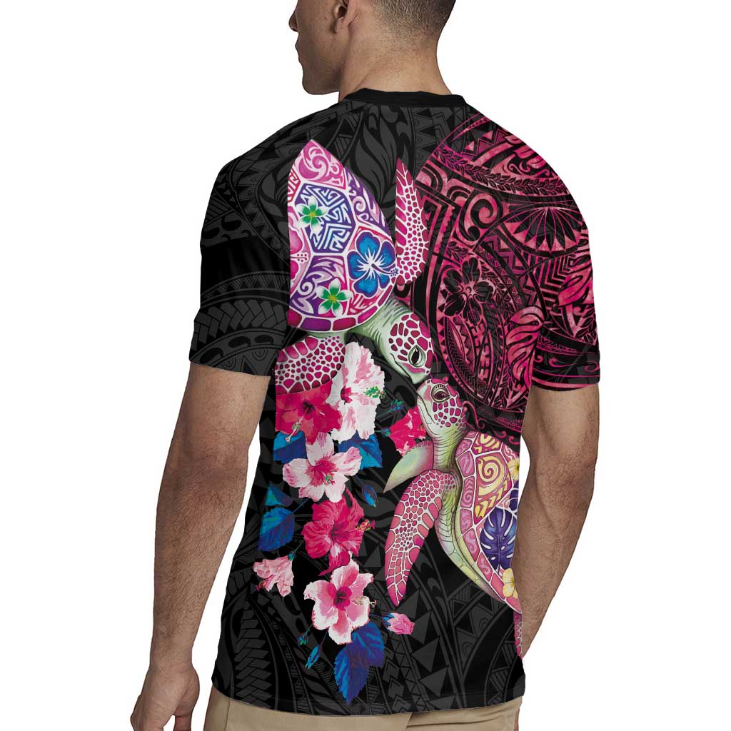 Hawaiian Couple Turtles Honi Rugby Jersey Polynesian Art Motifs and Hibiscus Black Red Color LT03 - Polynesian Pride