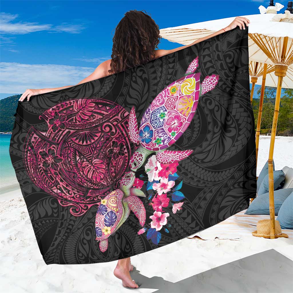 Hawaiian Couple Turtles Honi Sarong Polynesian Art Motifs and Hibiscus Black Red Color LT03 One Size 44 x 66 inches Black - Polynesian Pride
