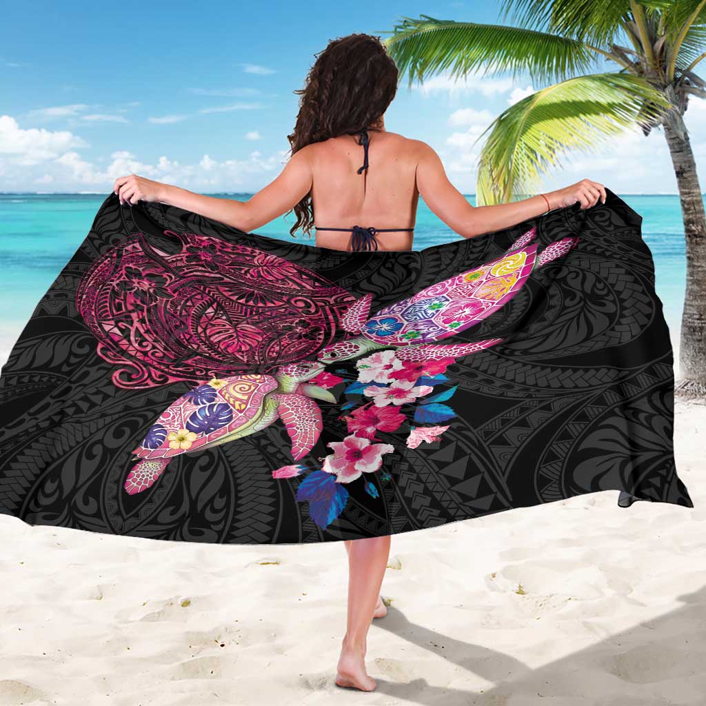 Hawaiian Couple Turtles Honi Sarong Polynesian Art Motifs and Hibiscus Black Red Color LT03 - Polynesian Pride