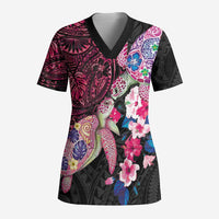 Hawaiian Couple Turtles Honi Scrub Top Polynesian Art Motifs and Hibiscus Black Red Color LT03 Adult Black - Polynesian Pride