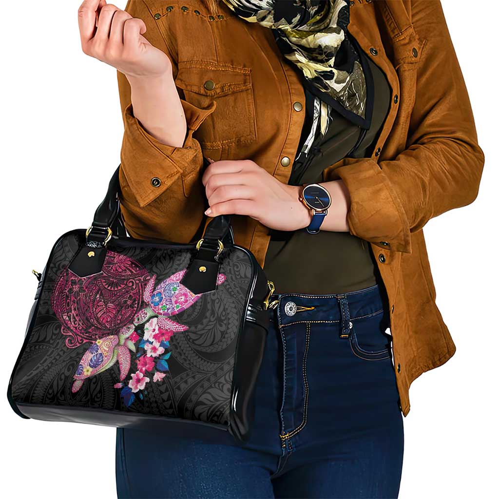 Hawaiian Couple Turtles Honi Shoulder Handbag Polynesian Art Motifs and Hibiscus Black Red Color LT03 - Polynesian Pride
