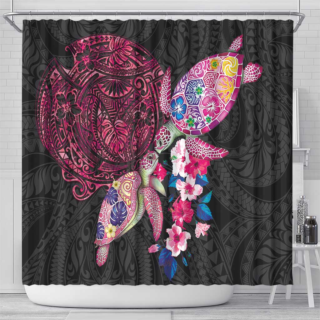 Hawaiian Couple Turtles Honi Shower Curtain Polynesian Art Motifs and Hibiscus Black Red Color LT03 - Polynesian Pride