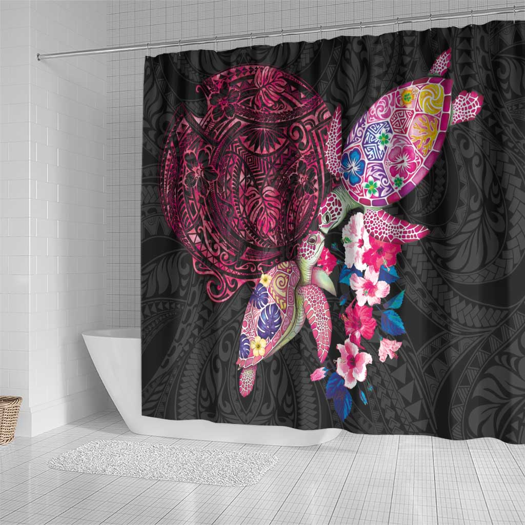 Hawaiian Couple Turtles Honi Shower Curtain Polynesian Art Motifs and Hibiscus Black Red Color LT03 - Polynesian Pride