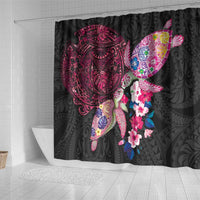 Hawaiian Couple Turtles Honi Shower Curtain Polynesian Art Motifs and Hibiscus Black Red Color LT03 - Polynesian Pride