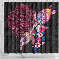 Hawaiian Couple Turtles Honi Shower Curtain Polynesian Art Motifs and Hibiscus Black Red Color LT03 - Polynesian Pride