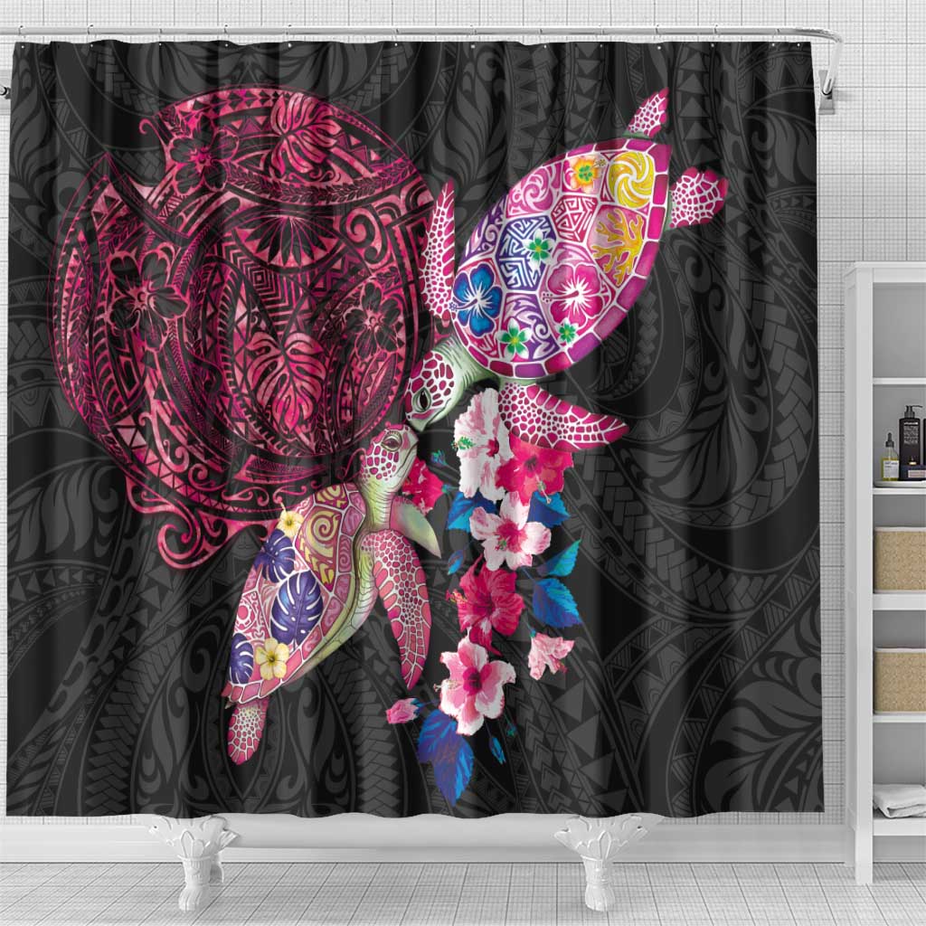 Hawaiian Couple Turtles Honi Shower Curtain Polynesian Art Motifs and Hibiscus Black Red Color LT03 - Polynesian Pride