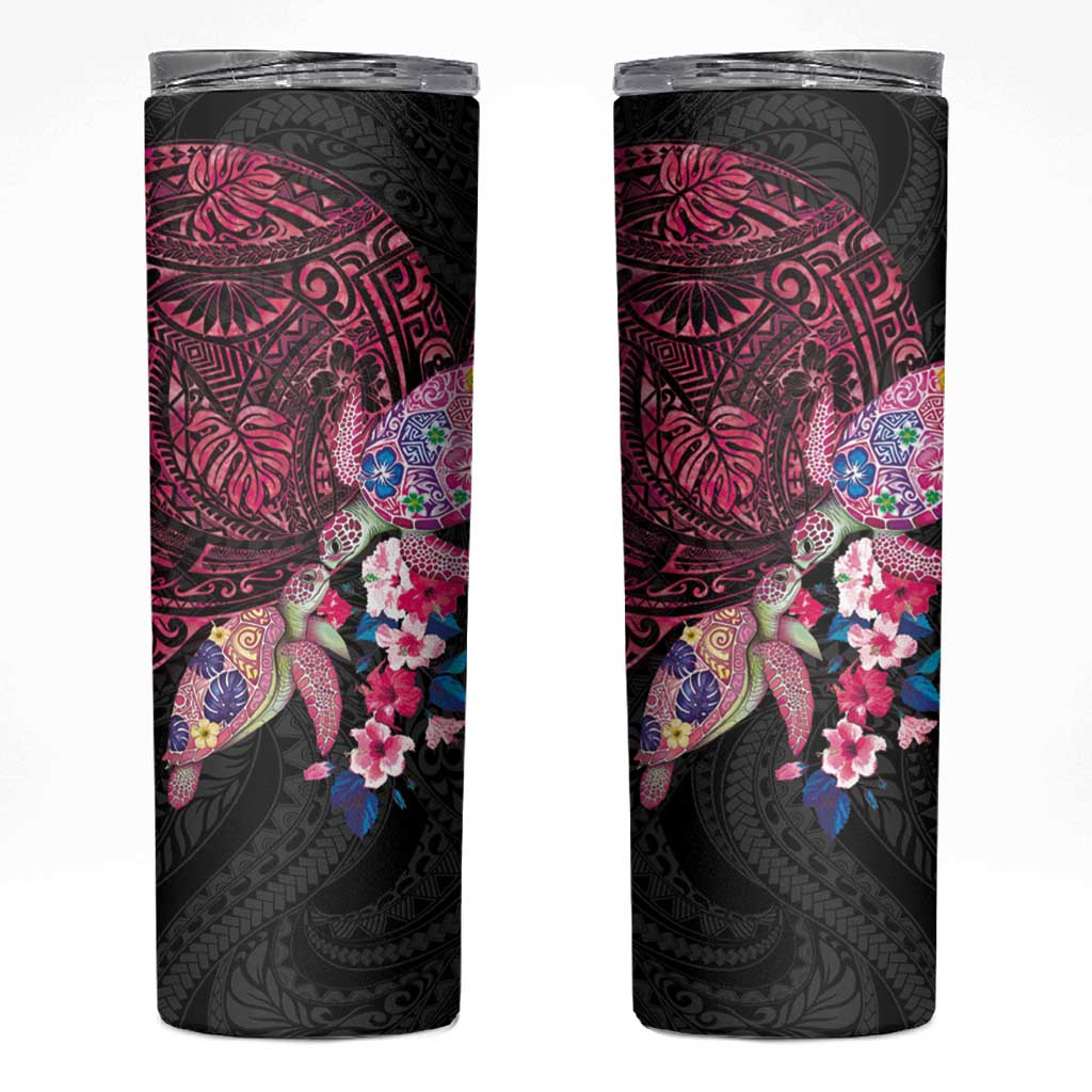 Hawaiian Couple Turtles Honi Skinny Tumbler Polynesian Art Motifs and Hibiscus Black Red Color LT03 Black - Polynesian Pride