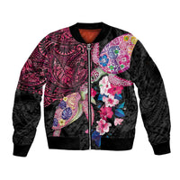 Hawaiian Couple Turtles Honi Sleeve Zip Bomber Jacket Polynesian Art Motifs and Hibiscus Black Red Color LT03 Unisex Black - Polynesian Pride