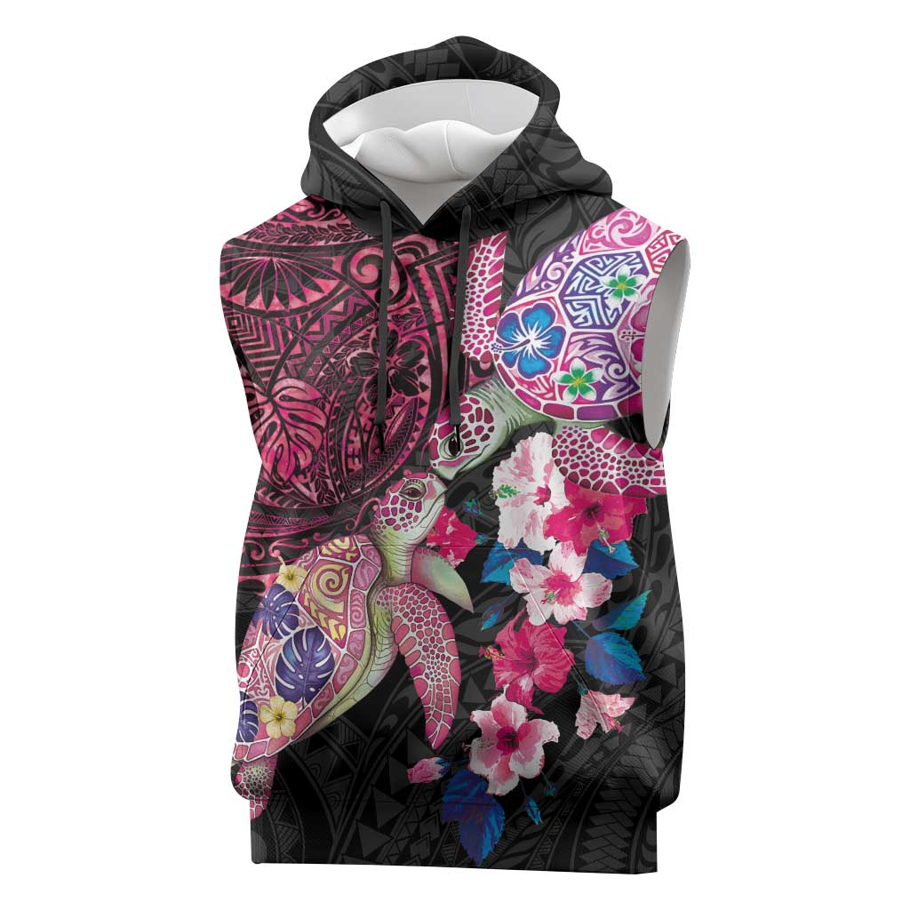 Hawaiian Couple Turtles Honi Sleeveless Hoodie Polynesian Art Motifs and Hibiscus Black Red Color LT03 Black - Polynesian Pride