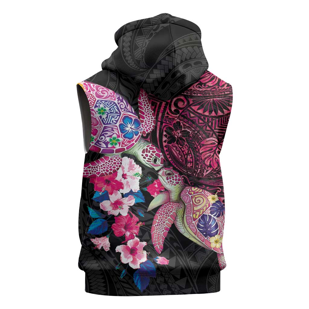 Hawaiian Couple Turtles Honi Sleeveless Hoodie Polynesian Art Motifs and Hibiscus Black Red Color LT03 - Polynesian Pride