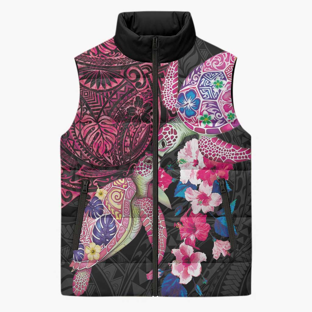 Hawaiian Couple Turtles Honi Sleeveless Puffer Jacket Polynesian Art Motifs and Hibiscus Black Red Color LT03 Unisex Black - Polynesian Pride
