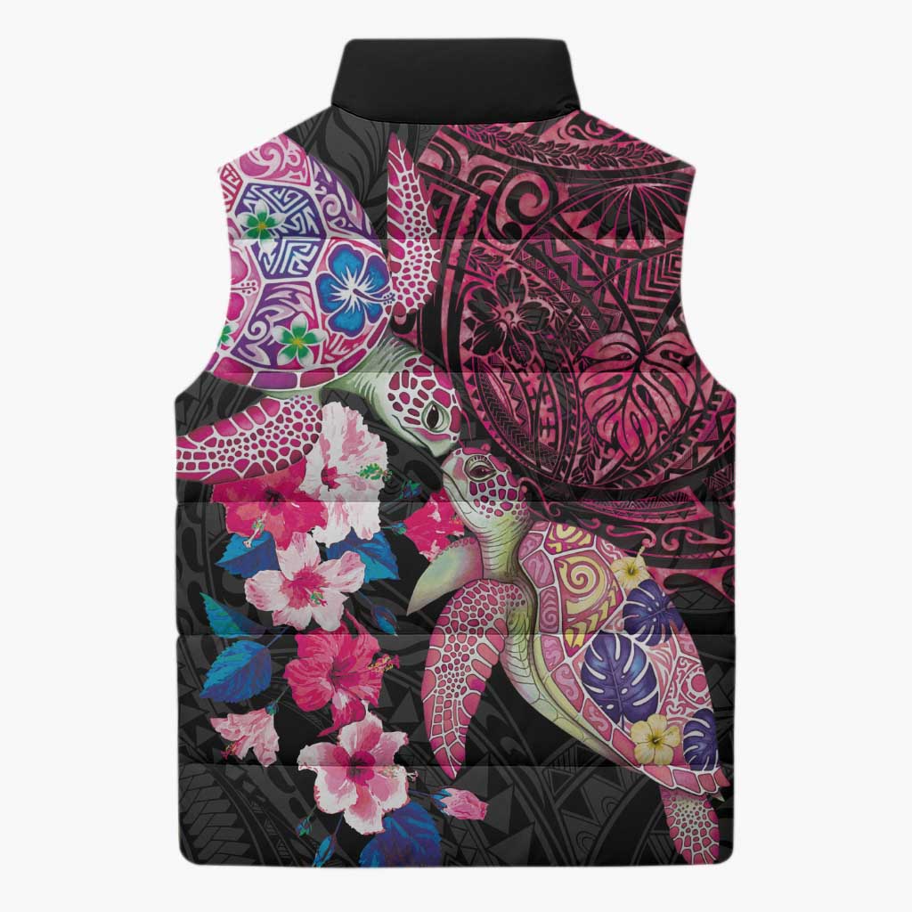 Hawaiian Couple Turtles Honi Sleeveless Puffer Jacket Polynesian Art Motifs and Hibiscus Black Red Color LT03 - Polynesian Pride