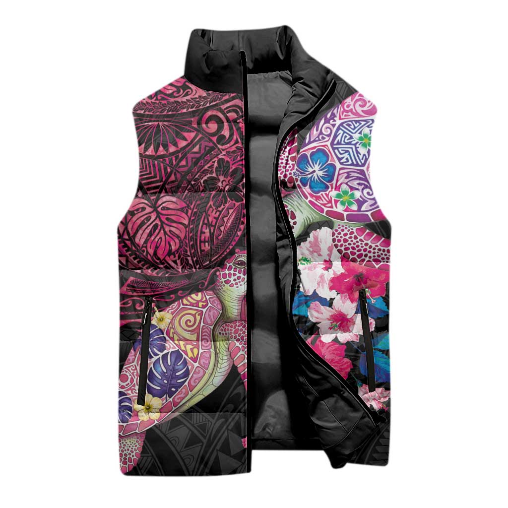 Hawaiian Couple Turtles Honi Sleeveless Puffer Jacket Polynesian Art Motifs and Hibiscus Black Red Color LT03 - Polynesian Pride