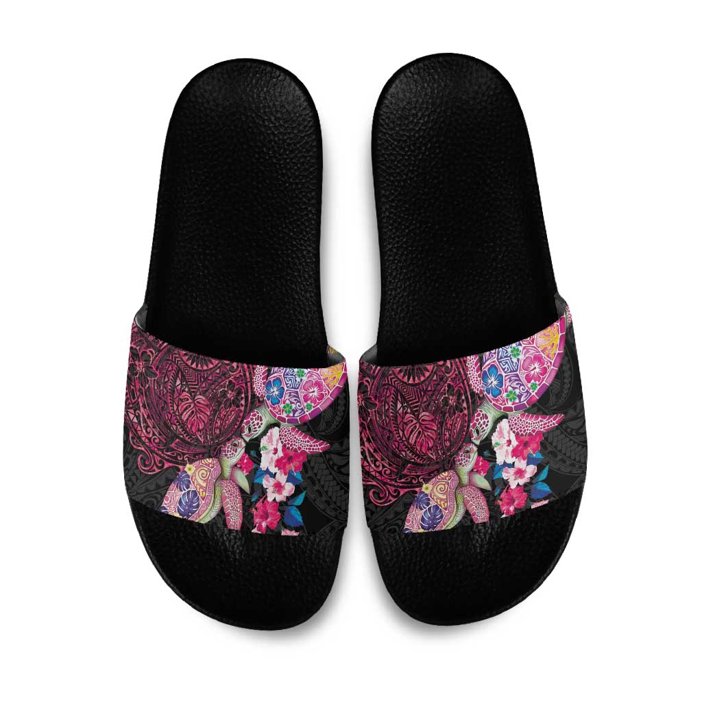 Hawaiian Couple Turtles Honi Slide Sandals Polynesian Art Motifs and Hibiscus Black Red Color LT03 Black - Polynesian Pride