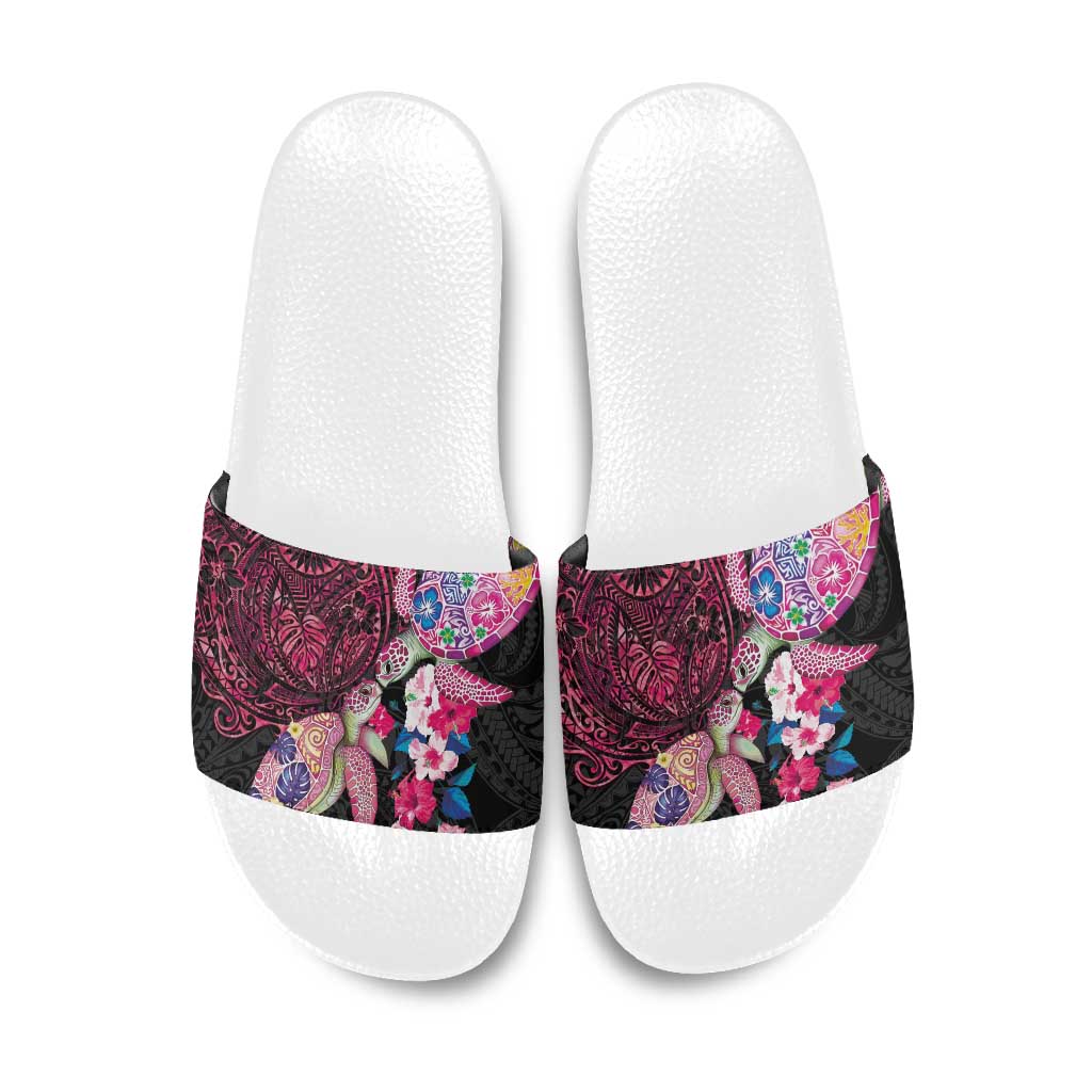 Hawaiian Couple Turtles Honi Slide Sandals Polynesian Art Motifs and Hibiscus Black Red Color LT03 Black - Polynesian Pride