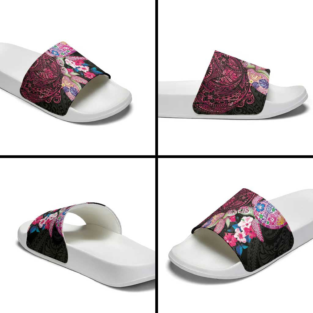 Hawaiian Couple Turtles Honi Slide Sandals Polynesian Art Motifs and Hibiscus Black Red Color LT03 - Polynesian Pride
