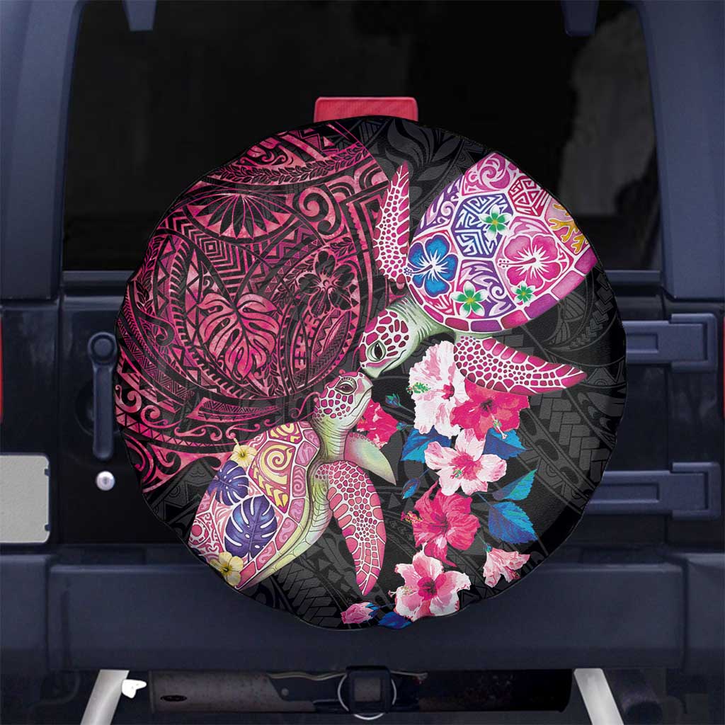 Hawaiian Couple Turtles Honi Spare Tire Cover Polynesian Art Motifs and Hibiscus Black Red Color LT03 No hole Black - Polynesian Pride