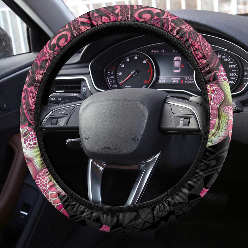 Hawaiian Couple Turtles Honi Steering Wheel Cover Polynesian Art Motifs and Hibiscus Black Red Color LT03 - Polynesian Pride