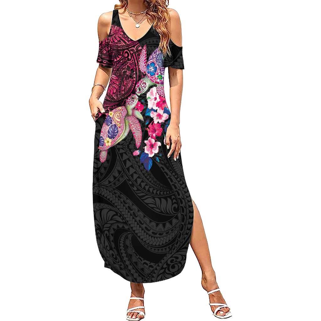 Hawaiian Couple Turtles Honi Summer Maxi Dress Polynesian Art Motifs and Hibiscus Black Red Color - Polynesian Pride