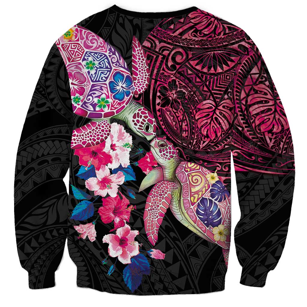 Hawaiian Couple Turtles Honi Sweatshirt Polynesian Art Motifs and Hibiscus Black Red Color LT03 - Polynesian Pride