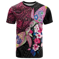Hawaiian Couple Turtles Honi T Shirt Polynesian Art Motifs and Hibiscus Black Red Color LT03 Black - Polynesian Pride