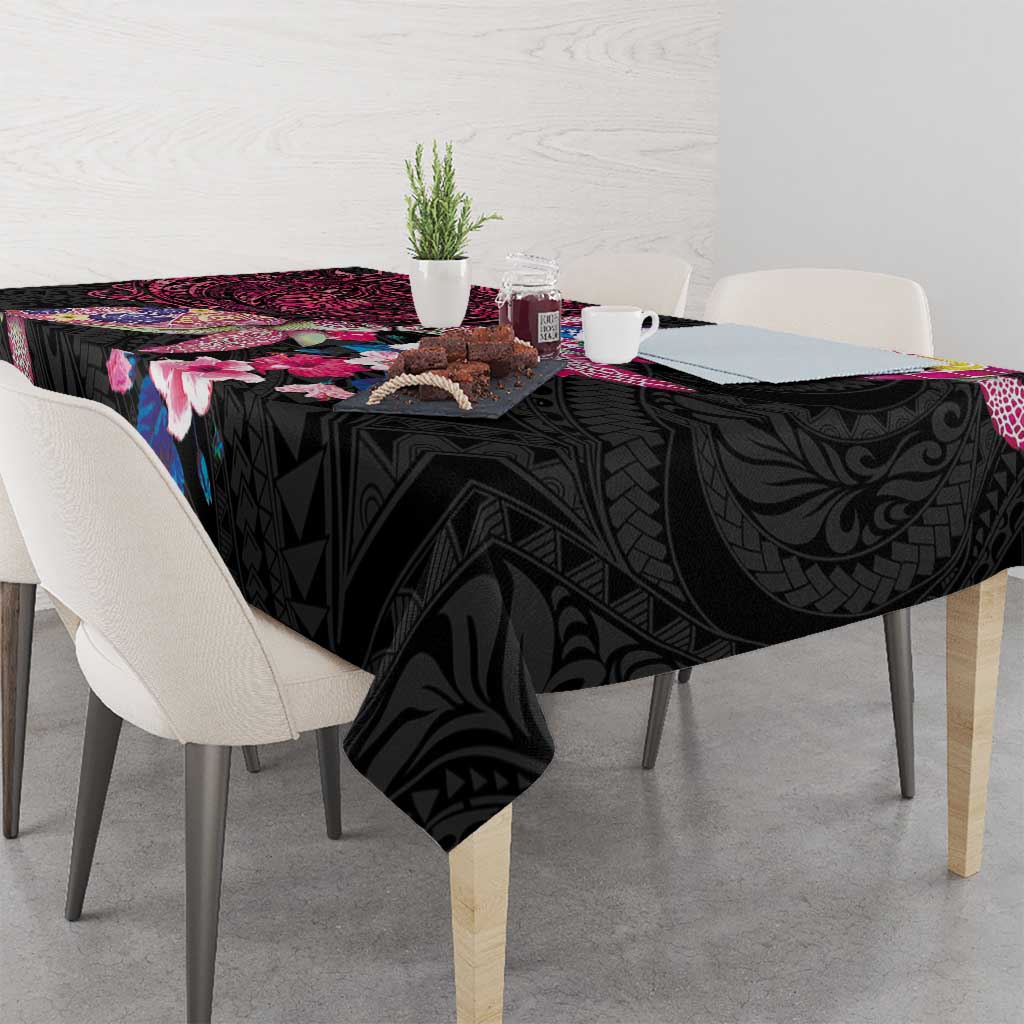 Hawaiian Couple Turtles Honi Tablecloth Polynesian Art Motifs and Hibiscus Black Red Color LT03 - Polynesian Pride