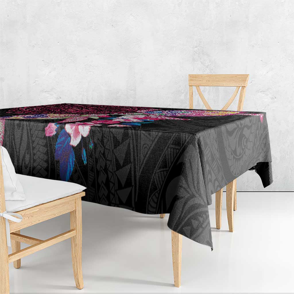 Hawaiian Couple Turtles Honi Tablecloth Polynesian Art Motifs and Hibiscus Black Red Color LT03 - Polynesian Pride