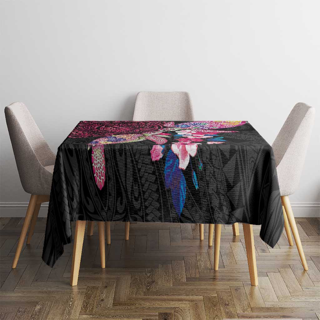 Hawaiian Couple Turtles Honi Tablecloth Polynesian Art Motifs and Hibiscus Black Red Color LT03 - Polynesian Pride