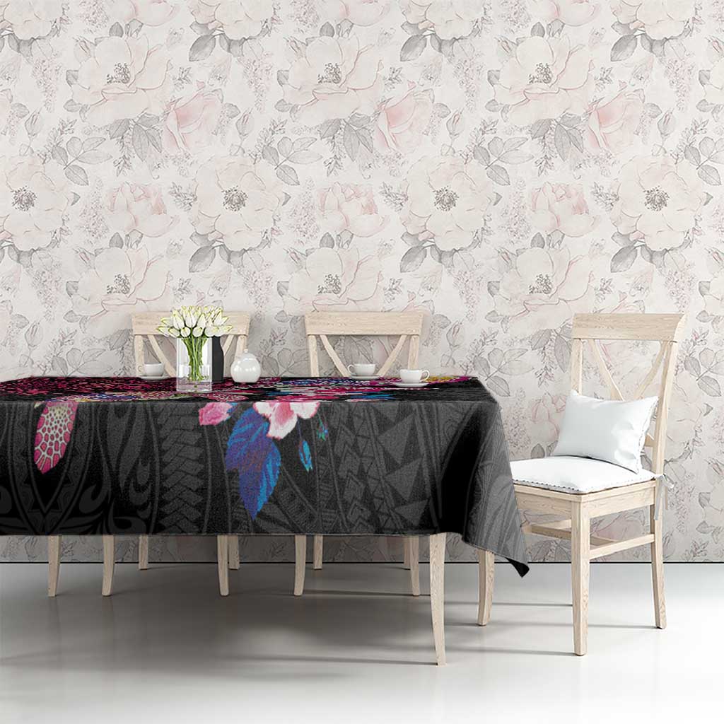 Hawaiian Couple Turtles Honi Tablecloth Polynesian Art Motifs and Hibiscus Black Red Color LT03 - Polynesian Pride