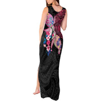 Hawaiian Couple Turtles Honi Tank Maxi Dress Polynesian Art Motifs and Hibiscus Black Red Color LT03 - Polynesian Pride