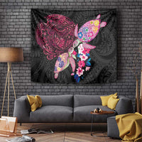 Hawaiian Couple Turtles Honi Tapestry Polynesian Art Motifs and Hibiscus Black Red Color LT03 Black - Polynesian Pride