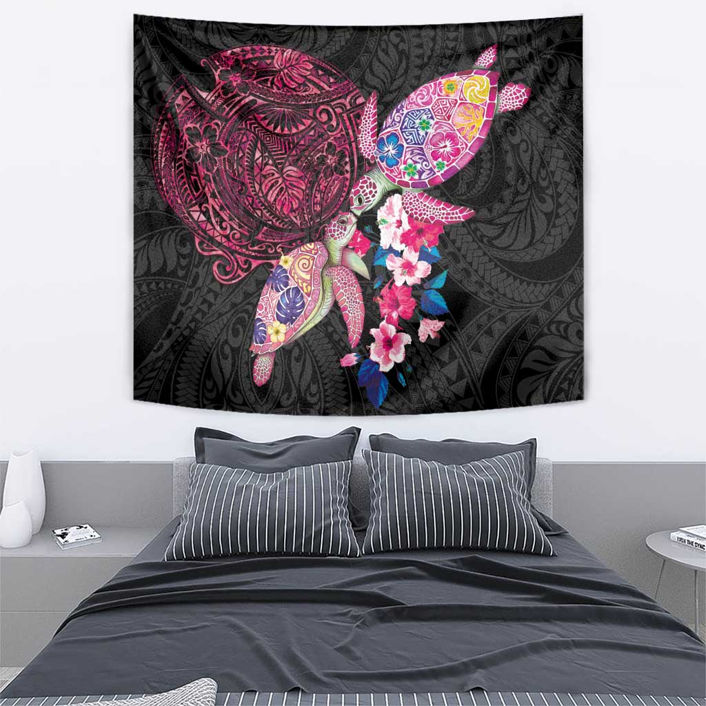 Hawaiian Couple Turtles Honi Tapestry Polynesian Art Motifs and Hibiscus Black Red Color LT03 - Polynesian Pride