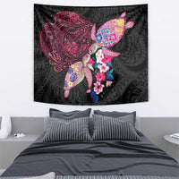 Hawaiian Couple Turtles Honi Tapestry Polynesian Art Motifs and Hibiscus Black Red Color LT03 - Polynesian Pride