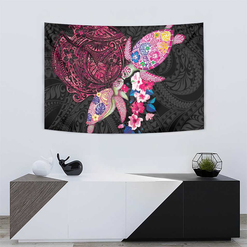 Hawaiian Couple Turtles Honi Tapestry Polynesian Art Motifs and Hibiscus Black Red Color LT03 - Polynesian Pride